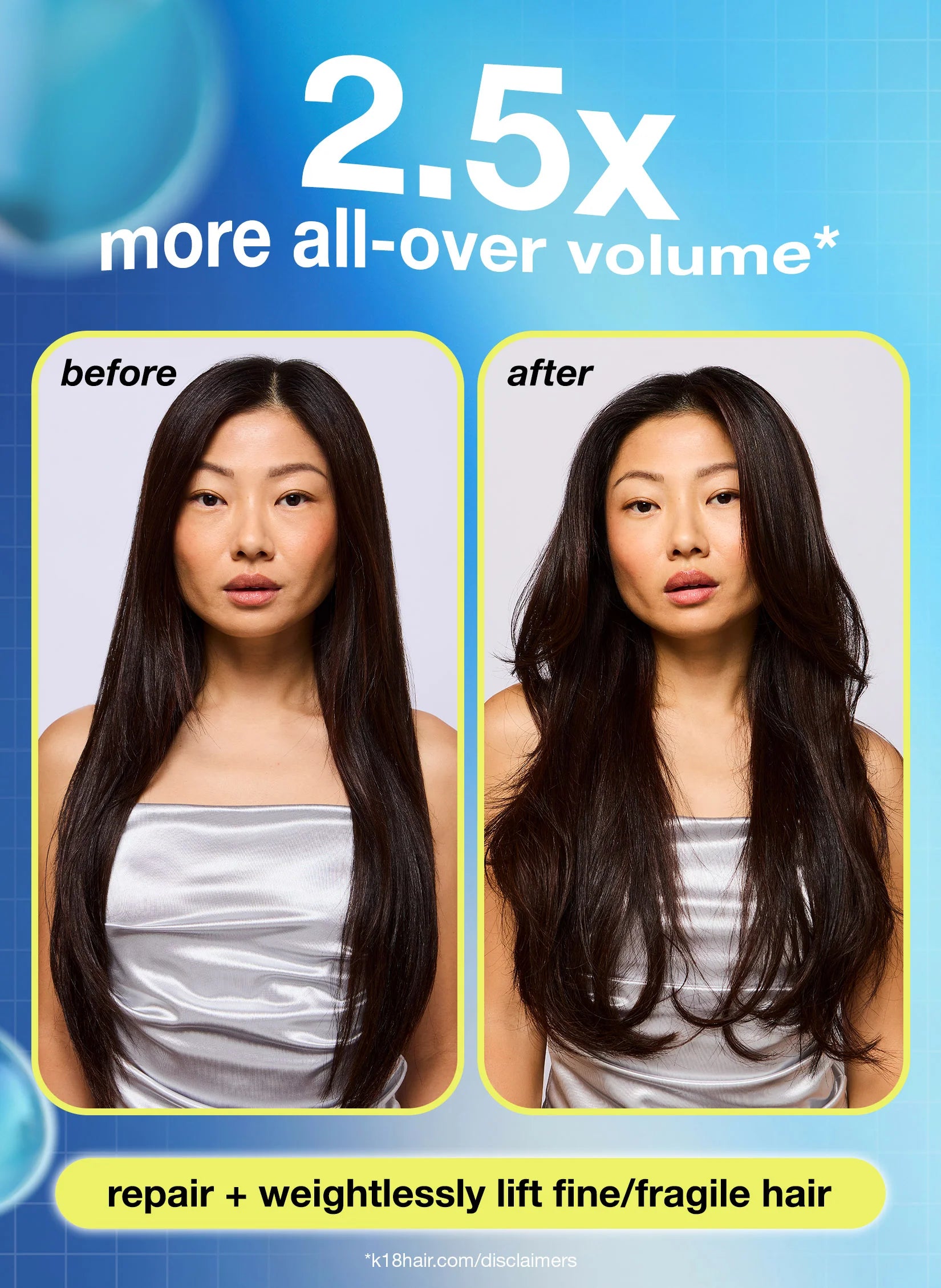 K18 Astrolift Reparative Volume Spray before and after
