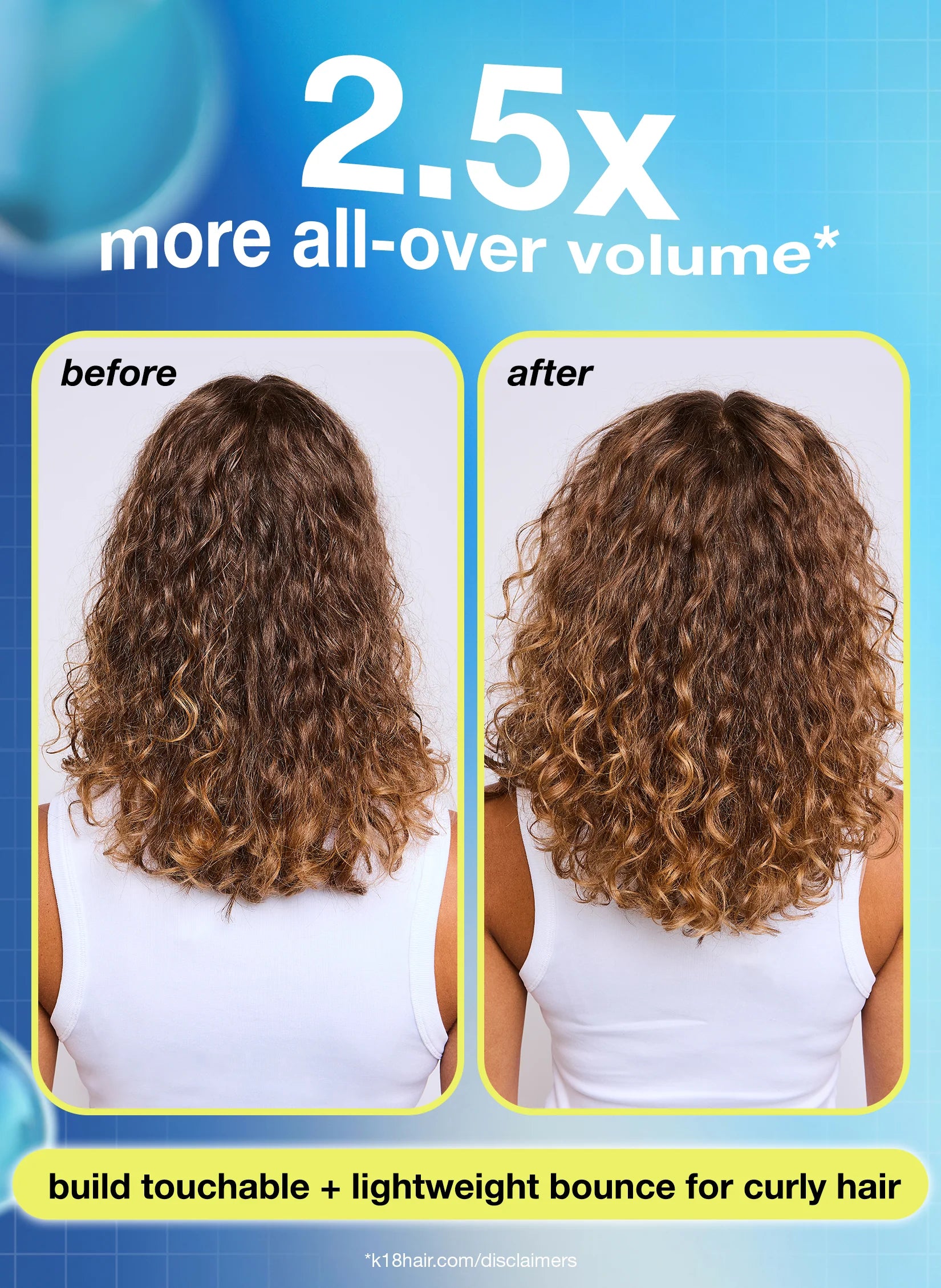 Before and after comparison of curly hair K18 Astrolift Reparative Volume Spray