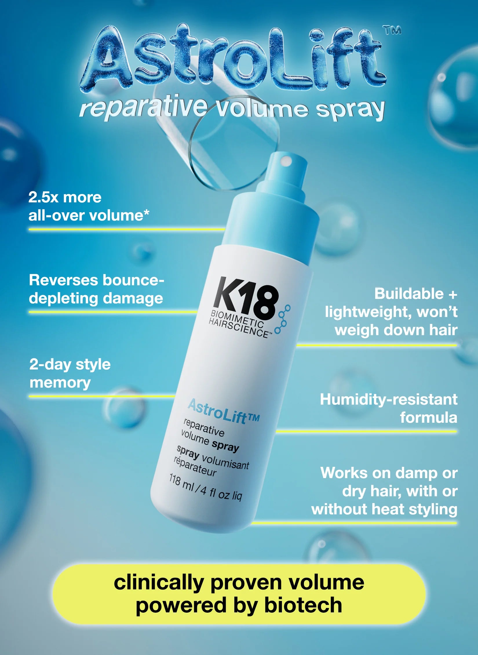 K18 AstroLift reparative volume spray bottle with product features on a blue background