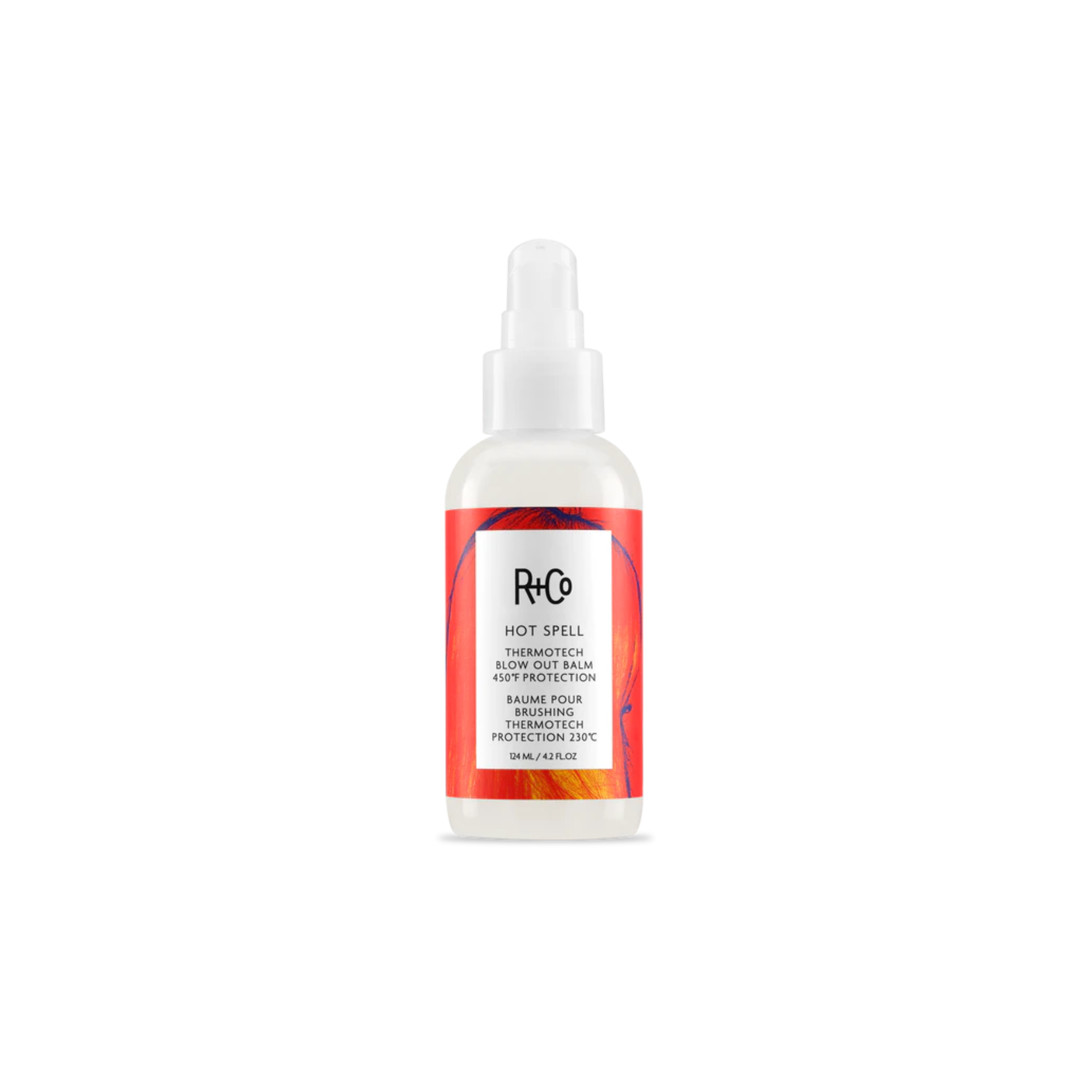 A bottle of R+Co Hot Spell Thermotech Blowout Balm with a white and red label, indicating the product is a hair styling product with heat protection.