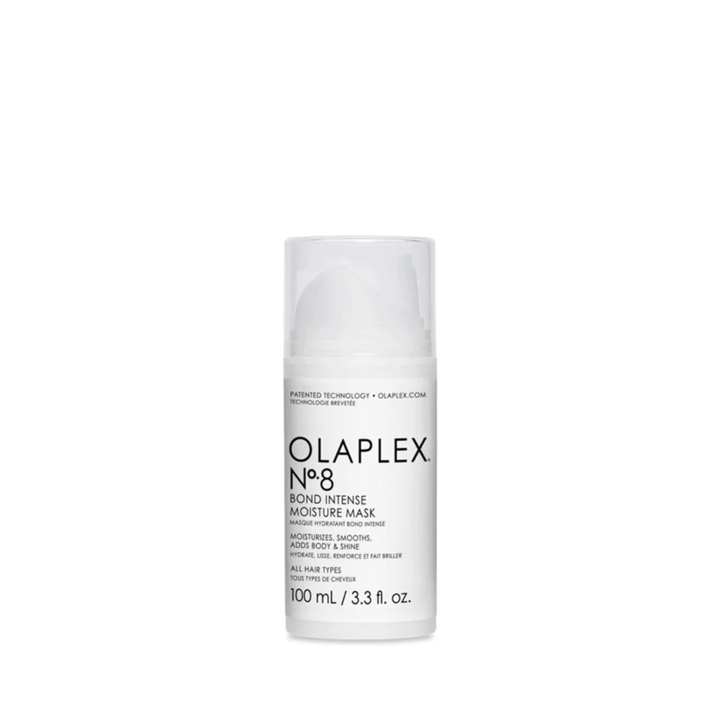 A pump bottle of Olaplex No.8 Bond Intense Moisture Mask, a hair care product designed to add shine, smoothness, and body while providing intense, weightless moisture.