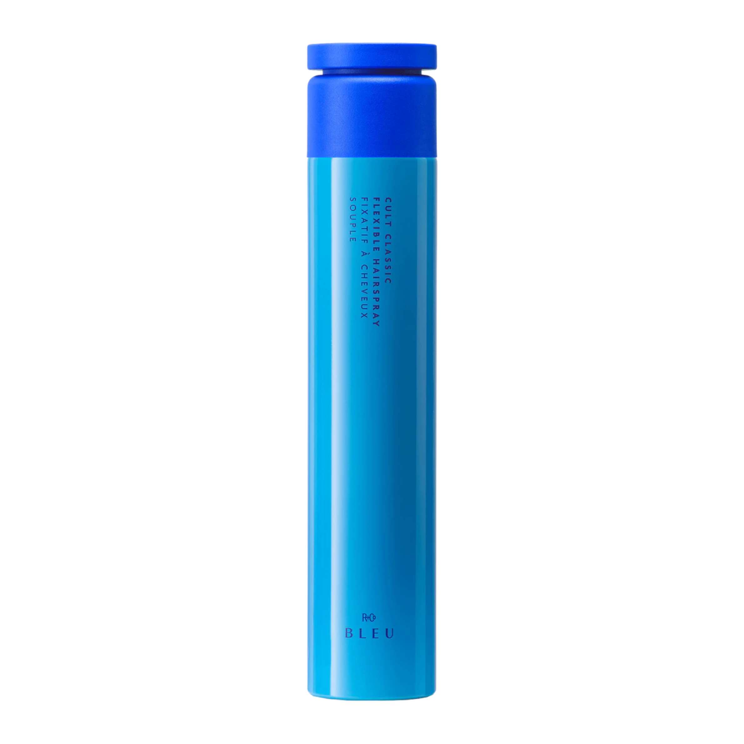 A blue can of R+Co Bleu Cult Classic Flexible Hairspray with text indicating the brand and product name.