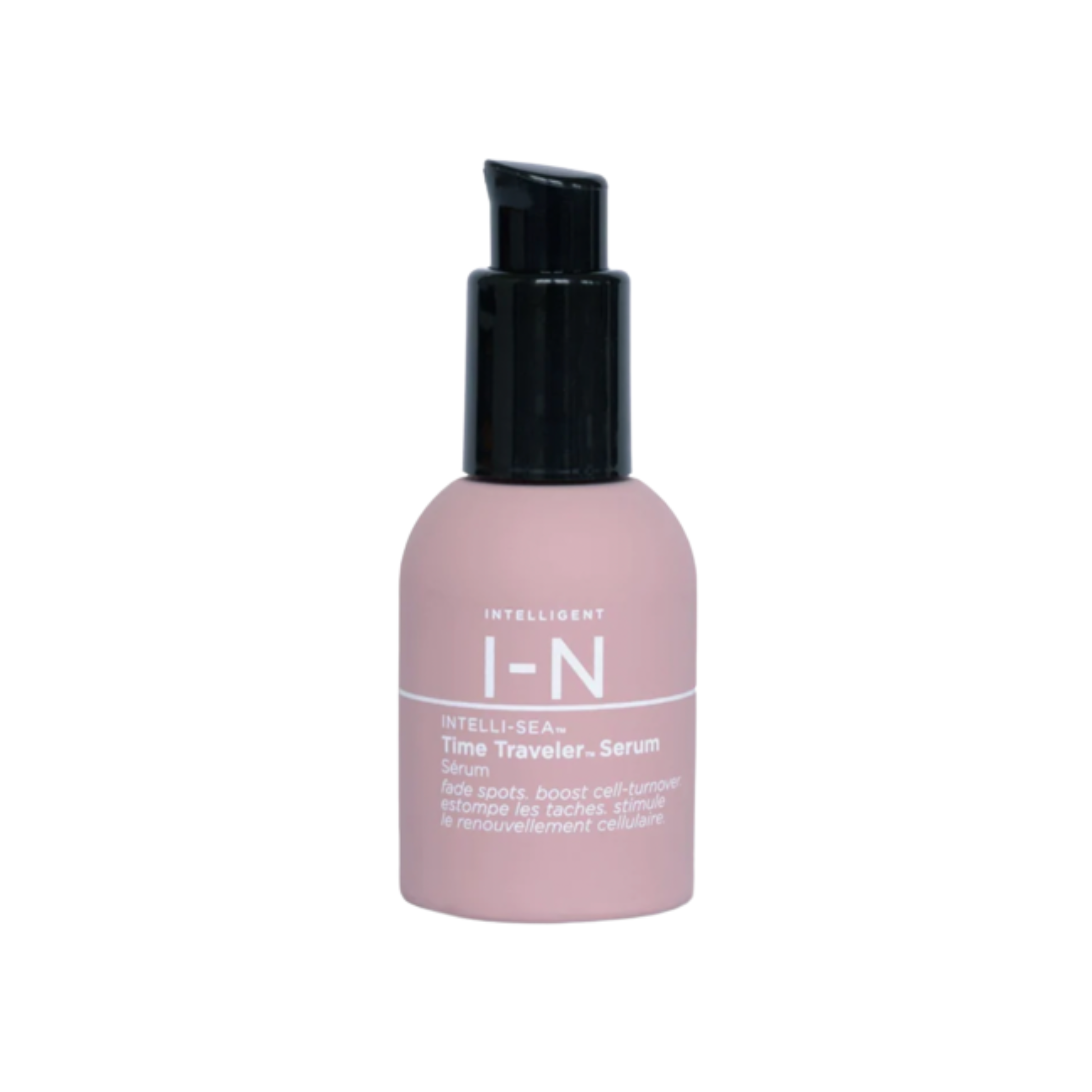 A pink bottle with a black pump dispenser labeled 'Intelligent Nutrients Time Traveler Serum'.
