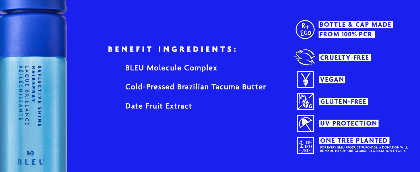 R+Co BLEU Reflective Shine Hairspray container with benefit ingredients and sustainability information on a blue background