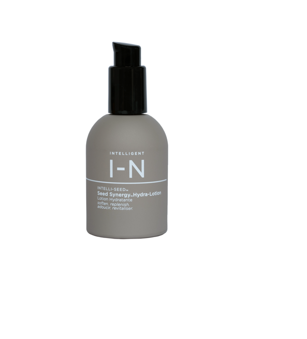 A pump bottle of Intelli-Nutrients Seed Synergy Hydra-Lotion, a daily moisturizing face lotion.