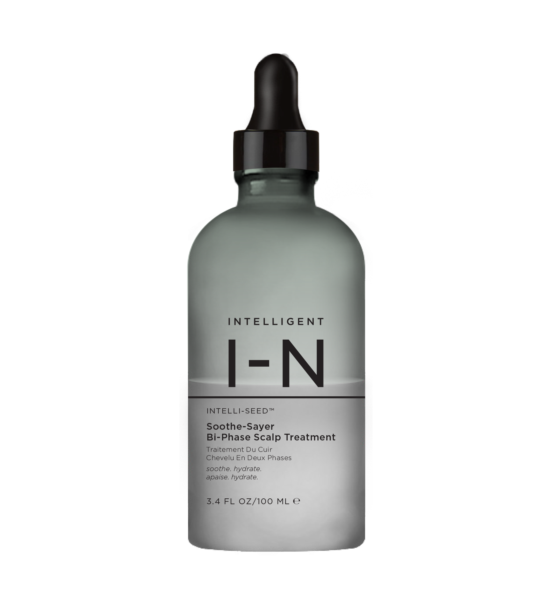 A bottle of Intelli-Sense Soothe-Sayer Bi-Phase Scalp Treatment with a label that includes the product name and benefits, such as 'SOOTHES DRY SCALES & FLAKING', 'REDUCES DRYNESS & FLAKING', and 'HYDRATES & STRENGTHENS HAIR'. The bottle is 4.