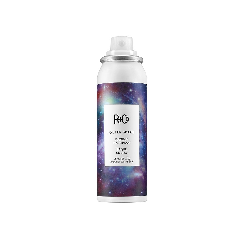 A can of OUTER SPACE flexible hairspray with a colorful outer space-themed design.