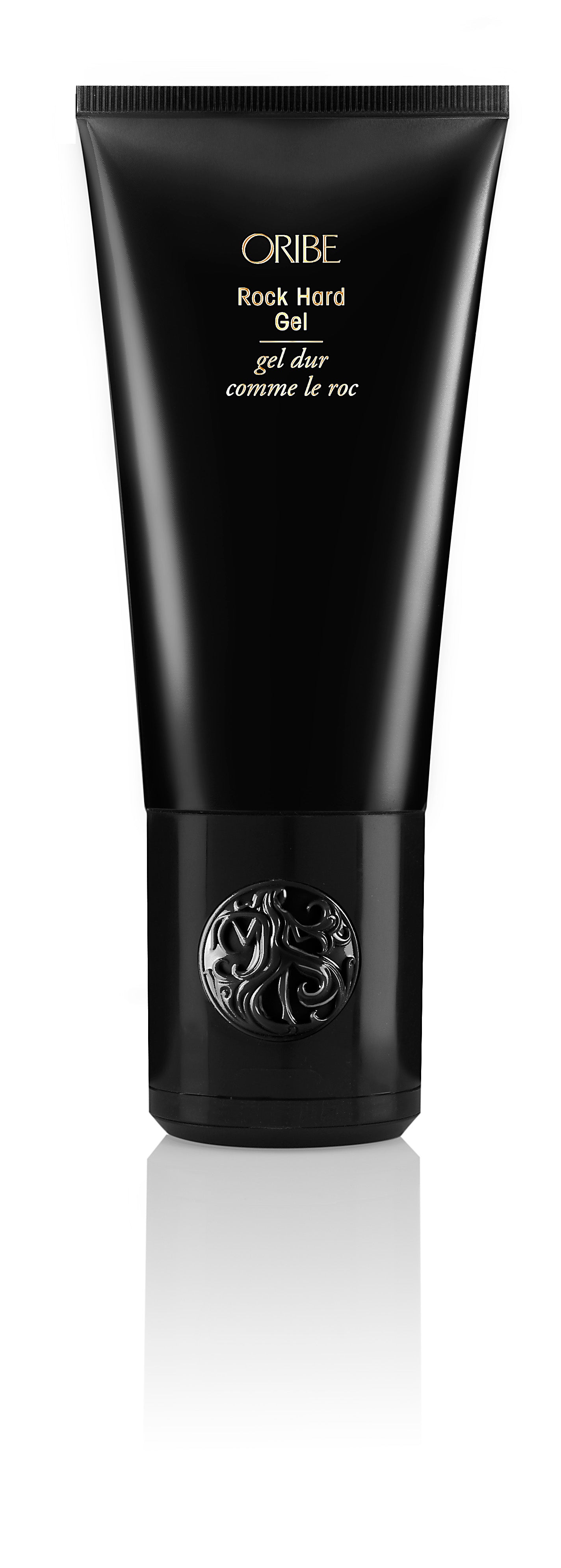 A black tube of Oribe Rock Hard Gel with a decorative logo in silver.