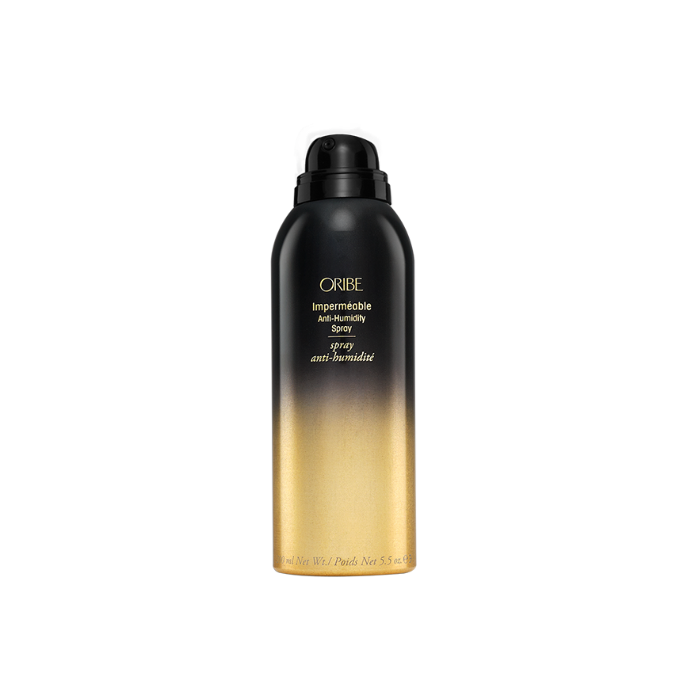 A bottle of Oribe Impermeable Anti-Humidity Spray with a black and gold label.