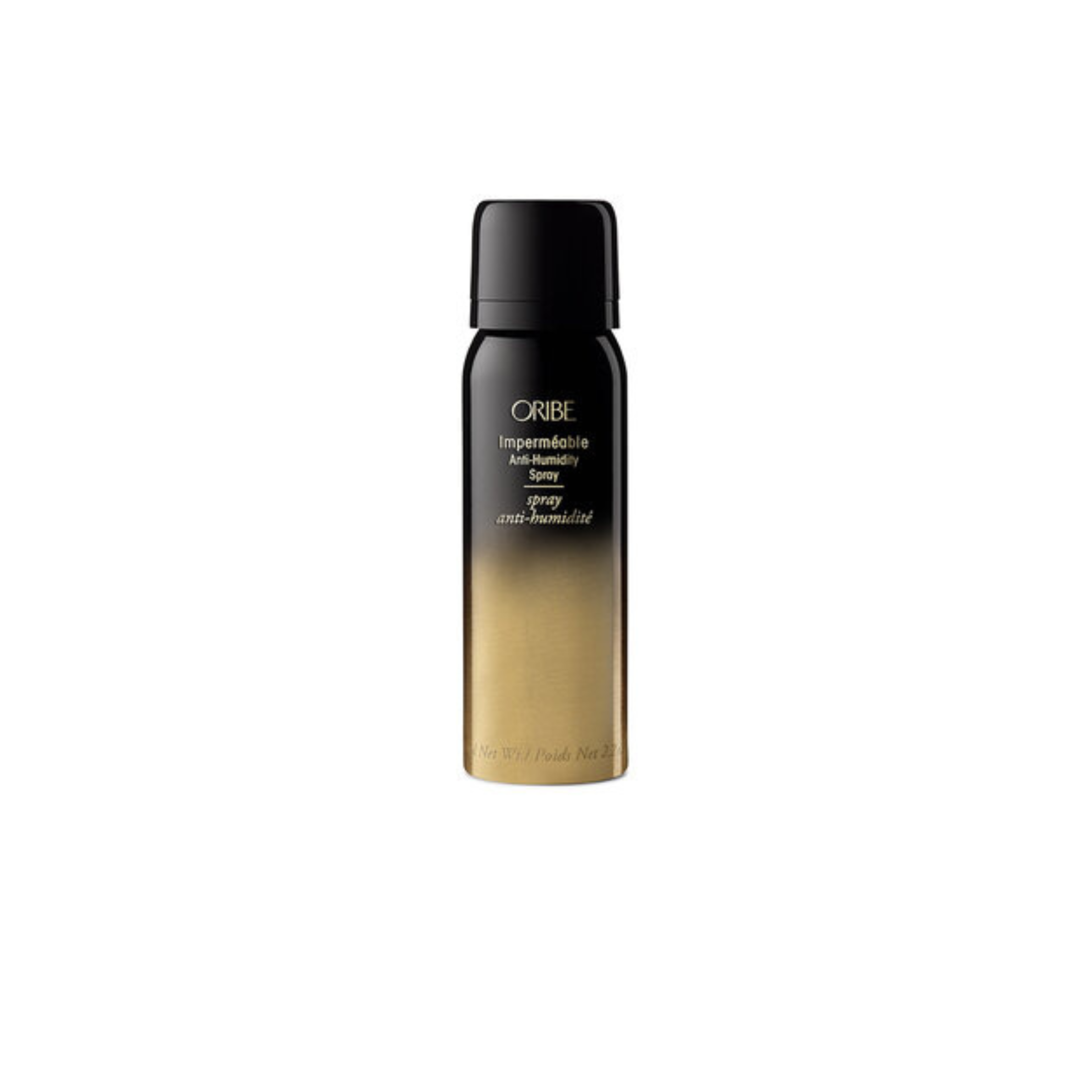 A bottle of Oribe Impermeable Anti-Humidity Spray with a black and gold label.