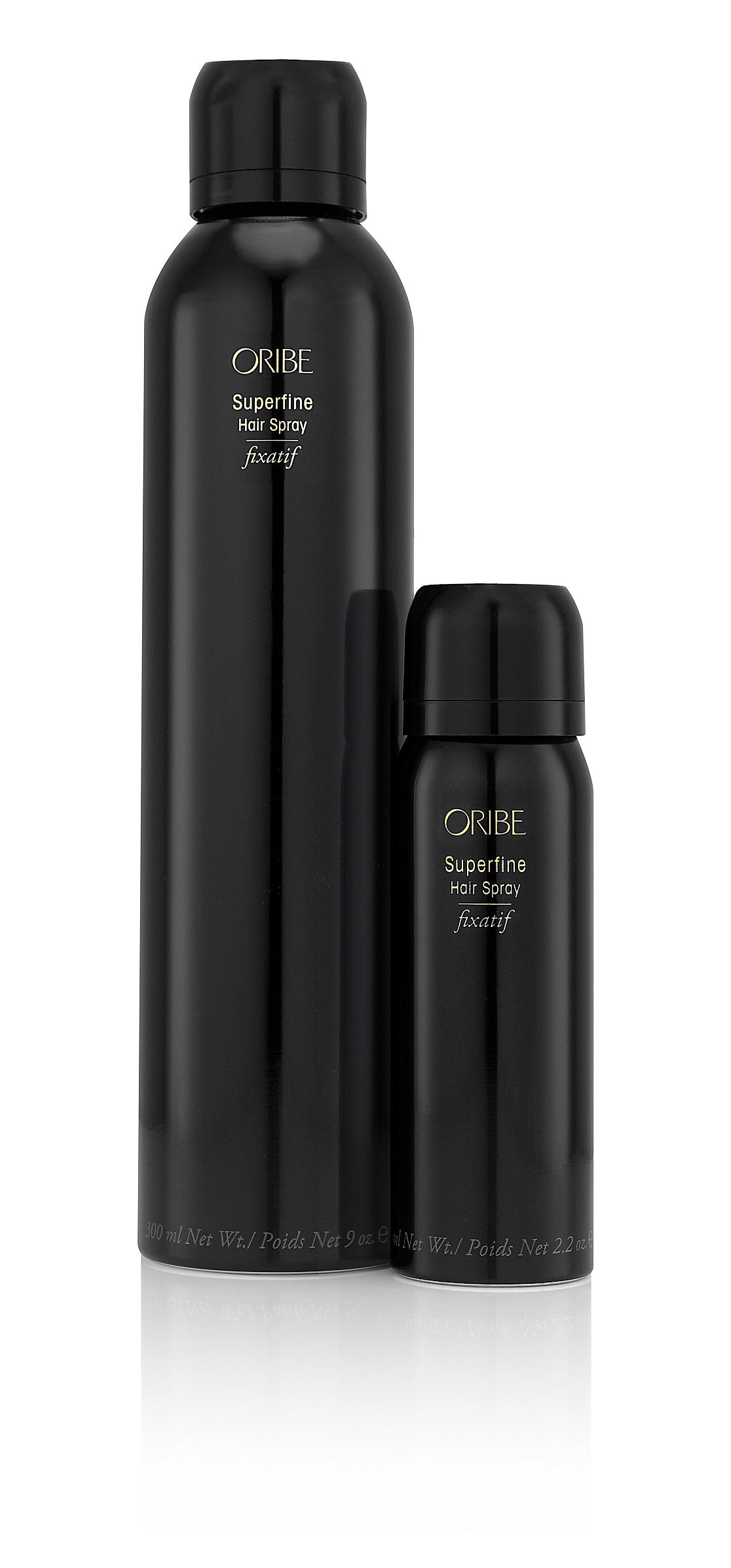 Two black Oribe Superfine Hair Spray bottles in different sizes, displaying the brand's logo on the front.
