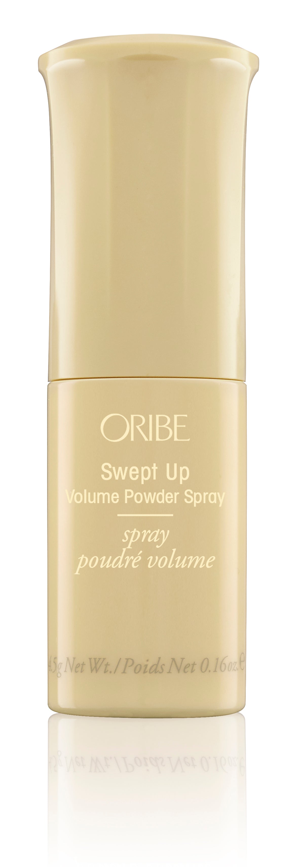 A gold-colored spray bottle labeled 'Swept Up Volume Powder Spray' from the brand Oribe.
