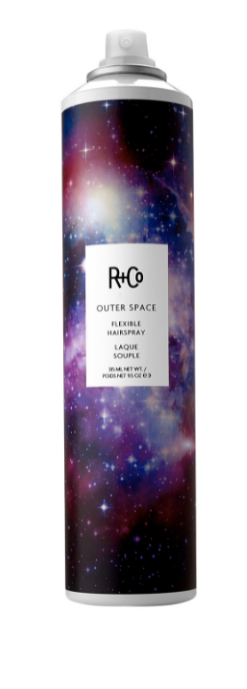 R+Co: Outer Space Flexible Hairspray. A can of OUTER SPACE flexible hairspray with a colorful outer space-themed design.