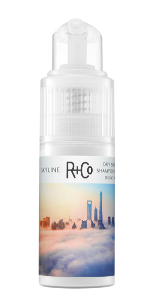 A bottle of R+Co Skyline Dry Shampoo Powder with a city skyline design on the label.