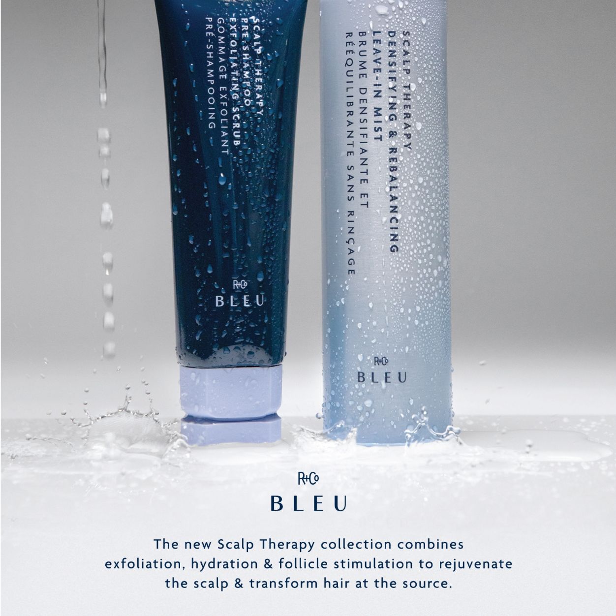 Two bottles of No Bleu scalp therapy products on a white background with water droplets.